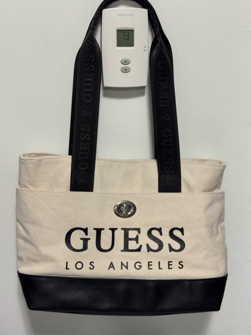 Guess Canvas Tote with Black Logo and Trim